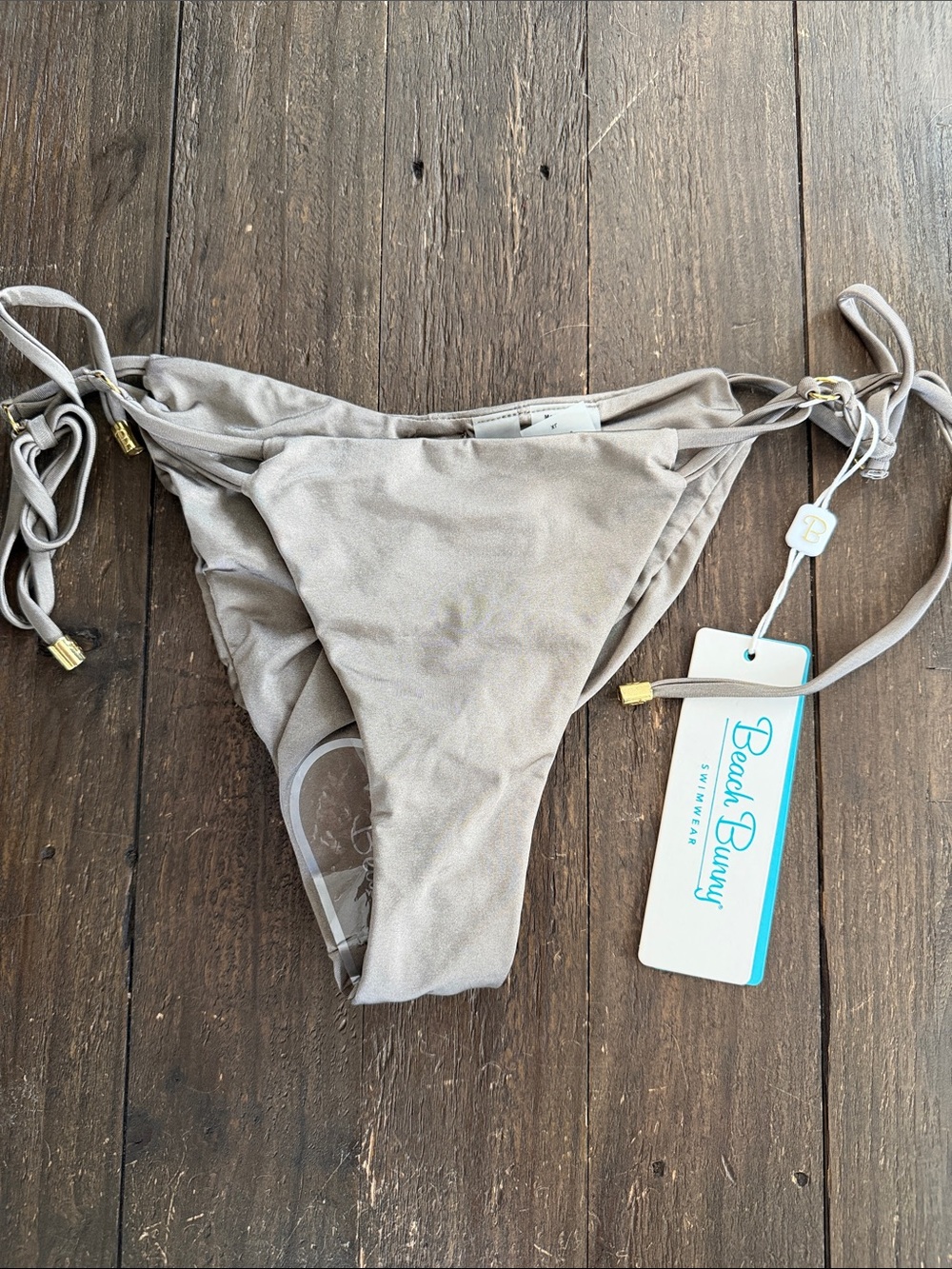 Beach Bunny Taupe Side-Tie Bikini Bottom with Gold Accents